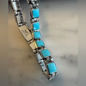 Vintage Sleeping Beauty Turquoise Square Cut Sterling Silver Link Bracelet
